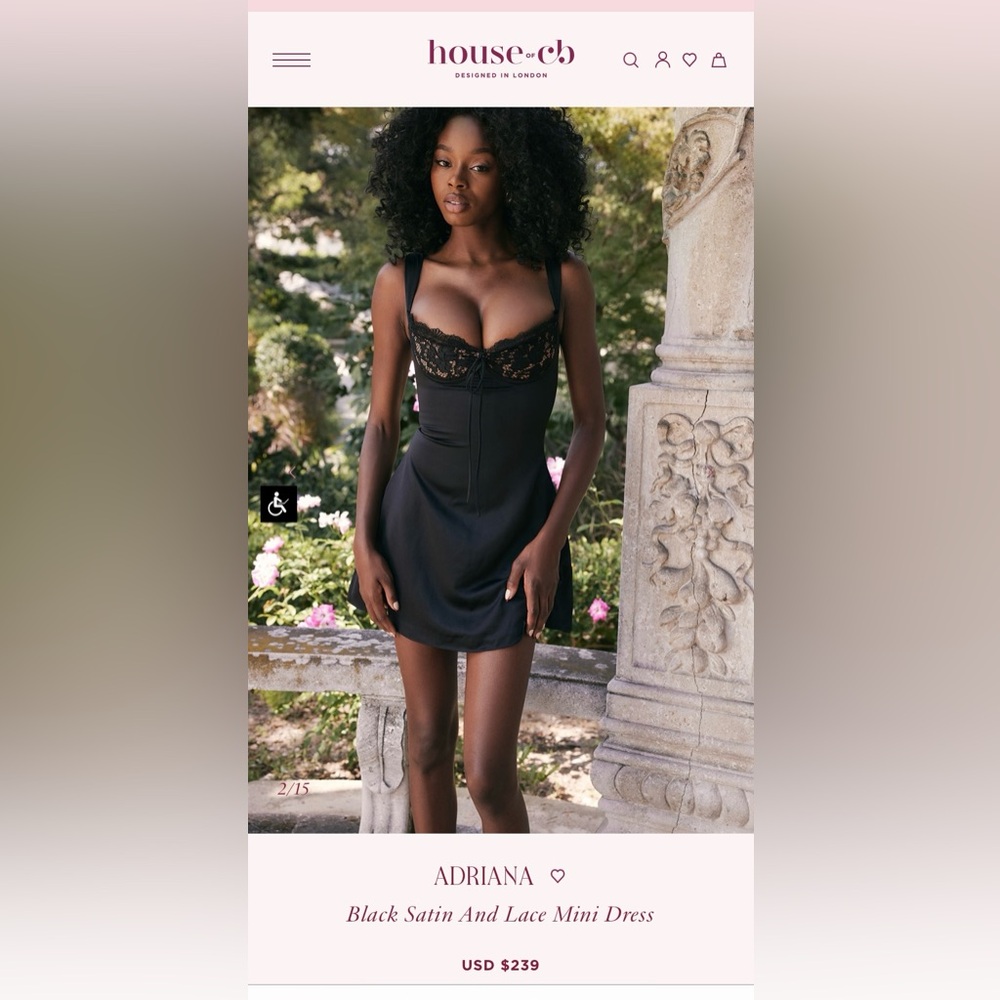 House of CB Adriana Black Satin and Lace Mini Dress.
Size Medium/ Double Cup